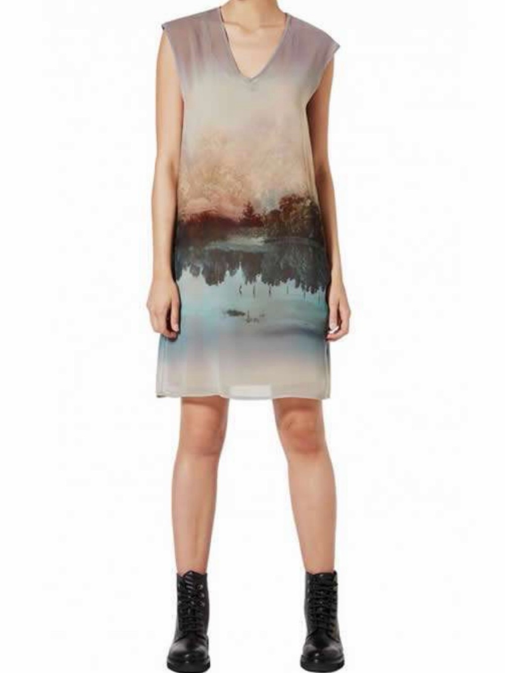 Sisley V-Neck Sheer Ombre Landscape Mini Dress - Blue, Green, Taupe Hues